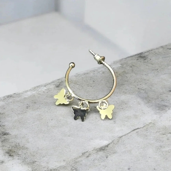 Silver Plated Dangle Butterfly Hoop Earrings - Picture 1 of 4